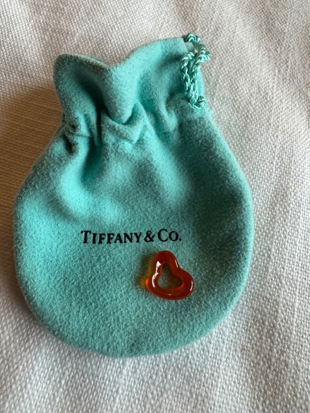 Tiffany & Co./Elsa Peretti Carved Red (amber) Carnelian Small Open Heart-NWOT